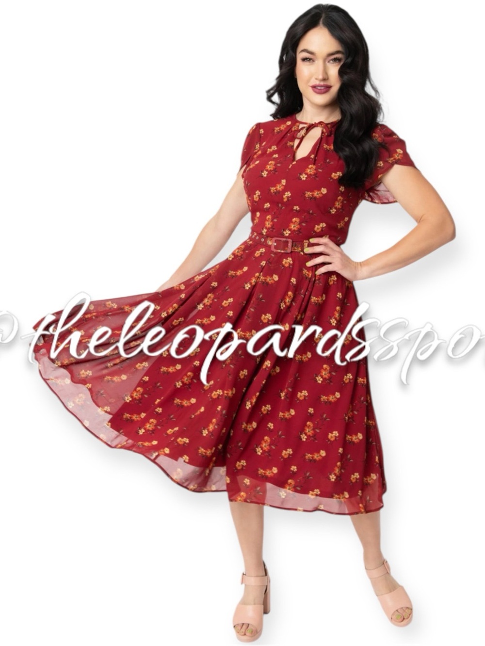 UNIQUE VINTAGE Burgundy Floral Bow Chiffon Petal Sleeve Full Circle Pinup Dress